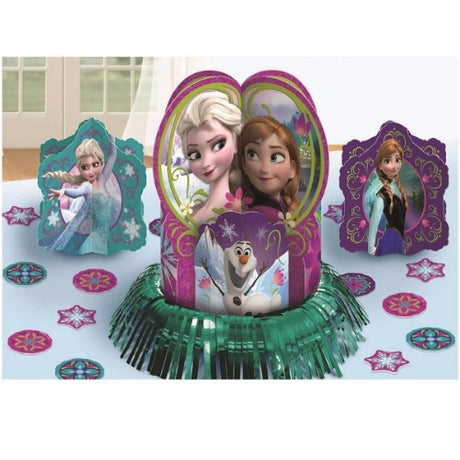 "Frozen Table Decorating Kit with a 31cm centerpiece, 2 x 15cm centerpieces, and 20 confetti pieces for a winter-themed party."