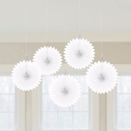 Mini white hanging fan decorations in a pack of 5, perfect for enhancing party and home decor with whimsical charm.