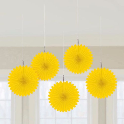 Mini Hanging Fan Decorations Yellow - Pack of 5