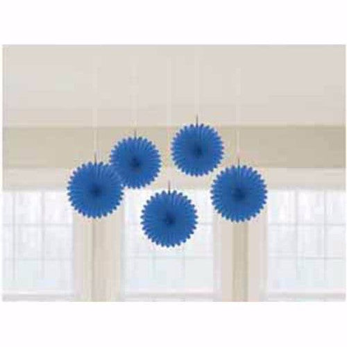 Mini Hanging Fan Decorations Bright Royal Blue - Pack of 5