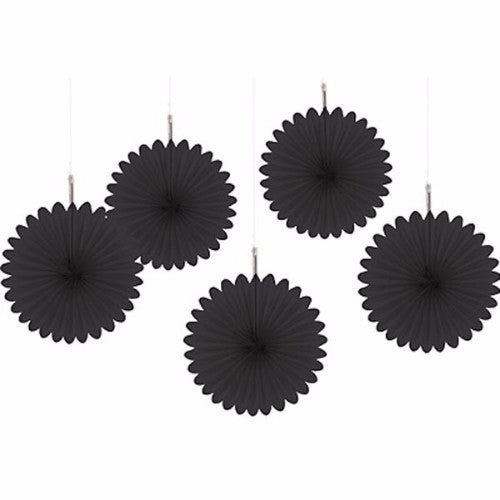 Five stylish black mini hanging paper fans, perfect for elegant decor at celebrations and events. Measures 15cm each.