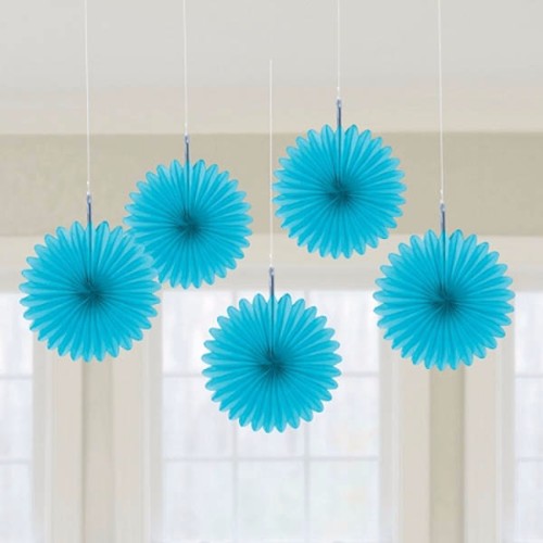 Vibrant blue mini hanging fan decorations, pack of 5, perfect for adding color to events and home decor.