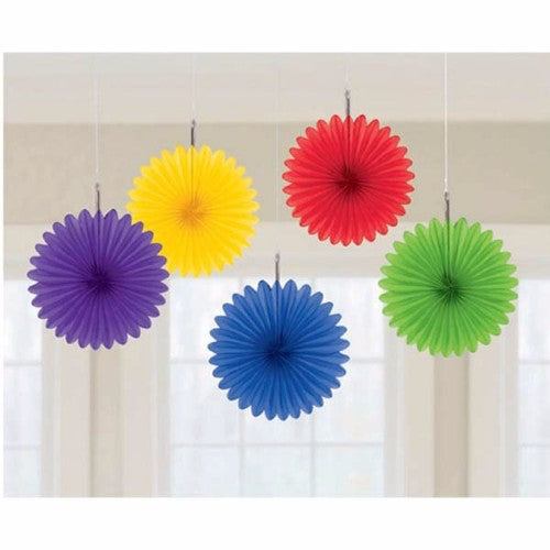 Vibrant rainbow mini hanging fan decorations, 15cm each, perfect for festive decor, parties, and DIY crafts. Pack of 5.