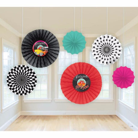 Vintage 50's printed paper fans in pack of 6 with cheerful patterns, perfect for summer events and retro-themed parties.
