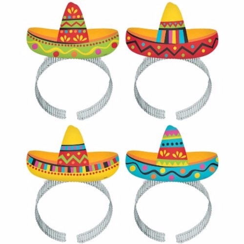 Vibrant sombrero headbands in a pack of 8, perfect for festive occasions like birthdays and Cinco de Mayo celebrations.