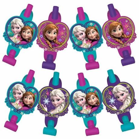Colorful Frozen-themed blowouts with medallions, perfect for festive celebrations and parties, pack of 8.