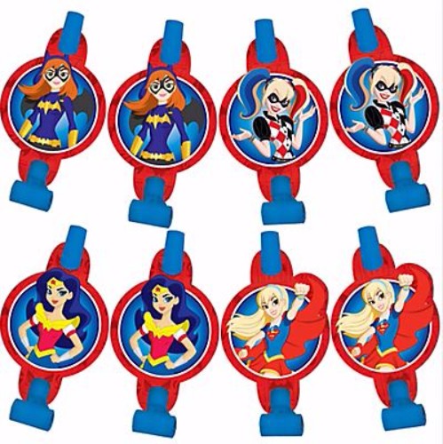Colorful Super Hero Girls blowouts with medallions, featuring iconic female heroes, perfect for kids' superhero-themed parties.