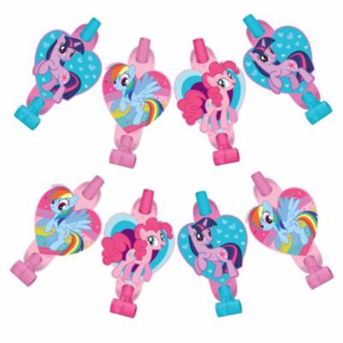 Colorful My Little Pony blowouts and medallions for kids' parties, featuring beloved characters in a fun party pack of 8.