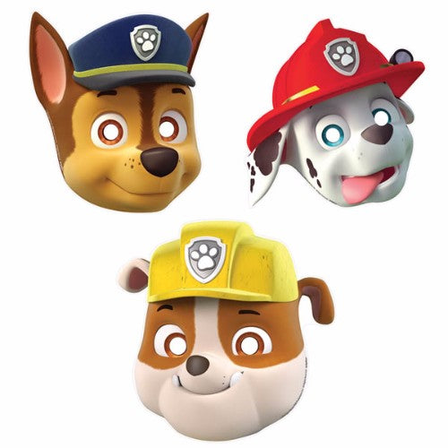 Colorful Paw Patrol masks featuring Chase, Marshall, Skye, and Rubble, perfect for kids' imaginative play and themed parties.