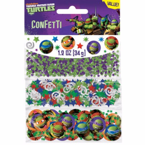 Vibrant Teenage Mutant Ninja Turtles confetti pack featuring Leonardo, Donatello, Michelangelo, and Raphael for festive celebrations.