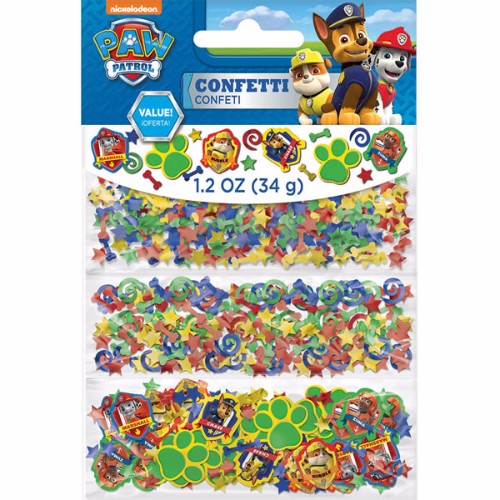 Colorful Paw Patrol confetti pack featuring foil and cardboard, perfect for birthday parties and themed celebrations.