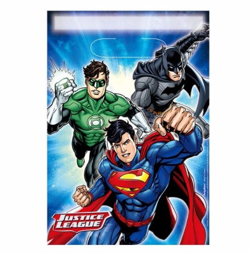 Vibrant Justice League loot bags featuring superheroes, perfect for party favors at kids' birthday celebrations.