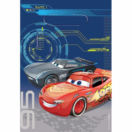 Colorful Cars 3 plastic loot bags, pack of 8, ideal for birthday parties, measuring 22cm x 16cm with vibrant character designs.