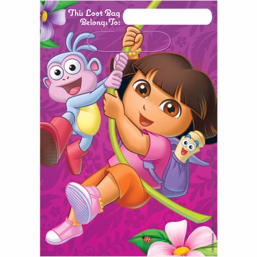 Colorful plastic loot bags featuring Dora and friends, perfect for kids' party favors and treats. Pack of 8.