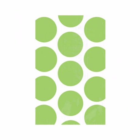 Kiwi green party bags with white polka dots, perfect for gifts and treats at celebrations; pack of 10, 18cm x 11cm.