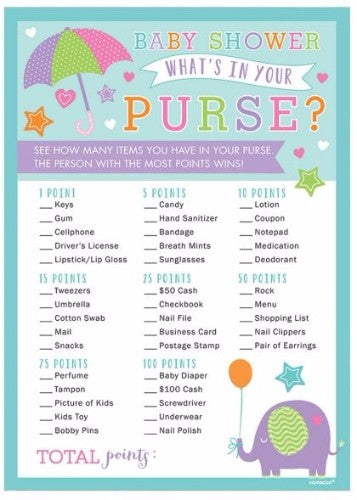 Exciting "What's in Your Purse?" game for baby showers with 24 playful cards for laughter and engagement among guests.