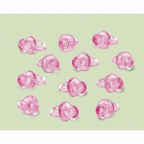 Pack of 24 pink plastic pacifiers, 2.5cm, perfect for baby showers and festive decorations or party favors.