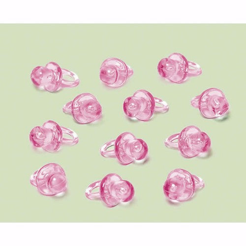 Pack of 24 pink plastic pacifiers, 2.5cm, perfect for baby showers and festive decorations or party favors.