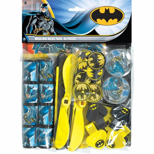 Batman Favor Pack featuring 48 pieces of themed toys like spinning tops, rulers, puzzles, and more for birthday celebrations.