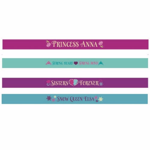 Colorful rubber Frozen-themed bracelets in 4 designs, perfect for kids' parties and events. Durable and fun accessories.