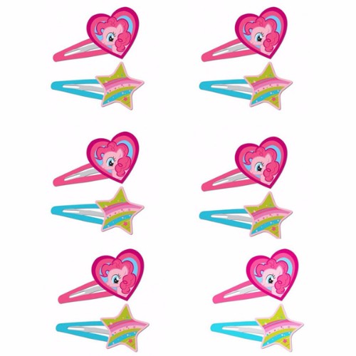 Colorful My Little Pony hair clips in heart and star shapes with glitter, perfect for kids’ hairstyles and fun occasions.