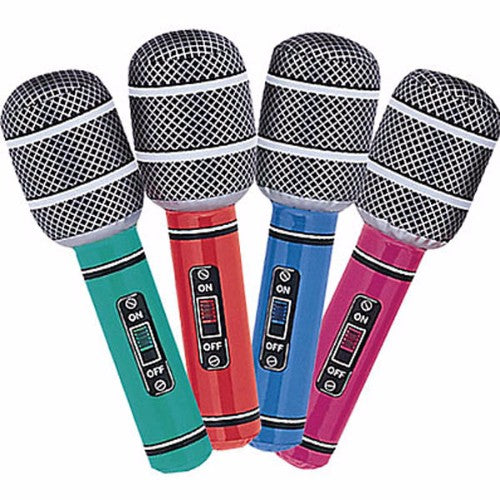 Vibrant inflatable microphone in mixed colors, 10.5 inches long, perfect for parties, karaoke, and fun photo ops.