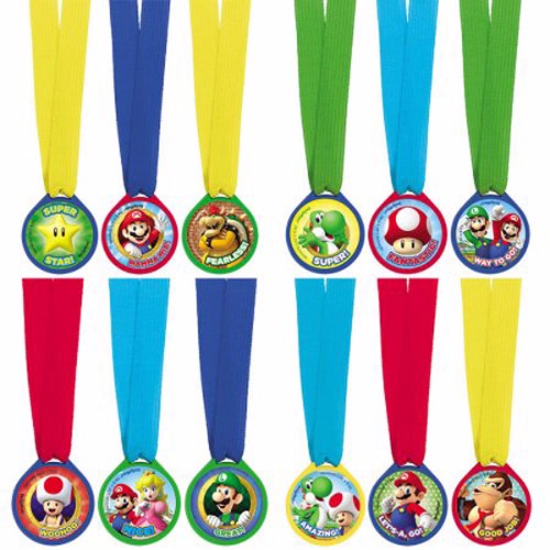 Colorful Super Mario Brothers mini award medals on fabric ribbons, perfect for gaming parties and recognizing achievements. Pack of 12.