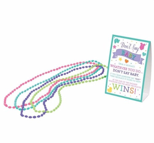 Colorful bead necklaces and tent card for the fun "Don't Say Baby" game at baby showers, promoting laughter and interaction.