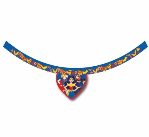 Colorful charm necklaces featuring Super Hero Girls, perfect for kids' parties and themed celebrations. Pack of 12.