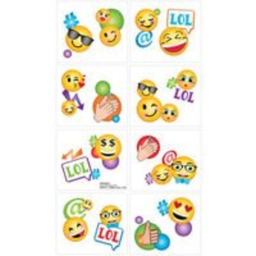 Colorful pack of 8 LOL emoji temporary tattoos featuring smiley faces for fun, playful expression at events or daily life.