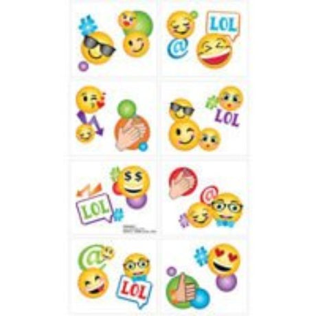 Colorful pack of 8 LOL emoji temporary tattoos featuring smiley faces for fun, playful expression at events or daily life.