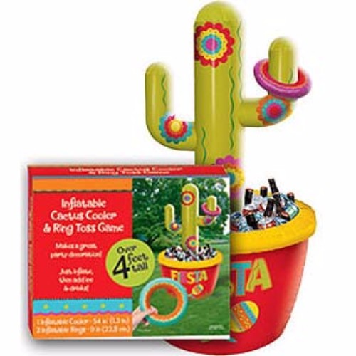 Inflatable cactus drink cooler and game set, 130cm tall, with 2 rings for fun and refreshing summer parties.