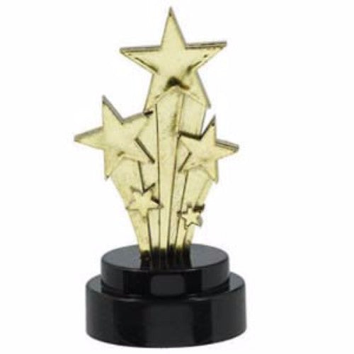 Gold and black star trophies pack of 6, 7.5cm, perfect for recognizing achievement at any event.