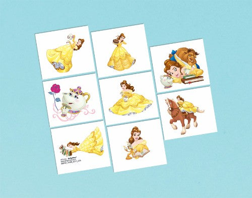 Enchanting pack of 8 temporary tattoos featuring iconic Beauty & The Beast characters and moments, perfect for Disney fans.