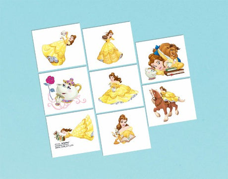 Enchanting pack of 8 temporary tattoos featuring iconic Beauty & The Beast characters and moments, perfect for Disney fans.