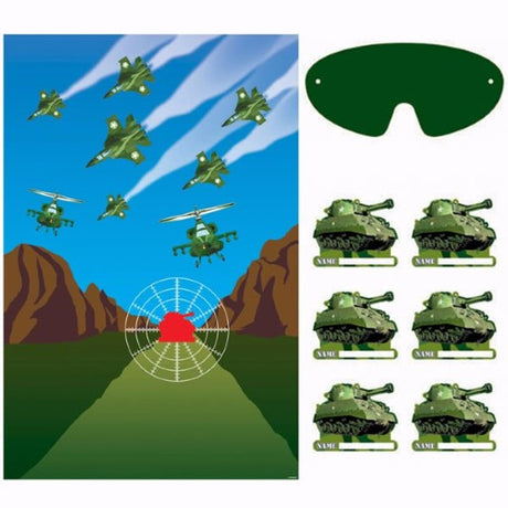Colorful Camouflage Party Game set featuring a plastic board, stickers, and blindfold for stealth challenges and fun gatherings.