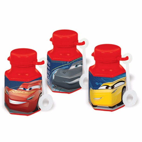 Cars 3 Mini Bubbles Favors pack of 12, featuring vibrant designs and 18ml bubble containers for fun party entertainment.