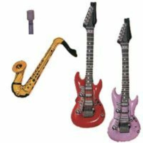 Colorful inflatable jukebox rock instruments including guitars, saxophone, and microphone for fun events and parties.