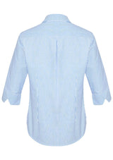 Blue Advatex Ladies Lindsey 3/4 Sleeve Shirt featuring a chic striped design, side splits, and a front pocket for convenience.