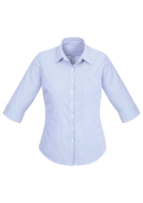 Elegant blue Advatex Ladies 3/4 sleeve shirt with yarn-dyed stripes, front pocket, and semi-fitted design for comfort and style.