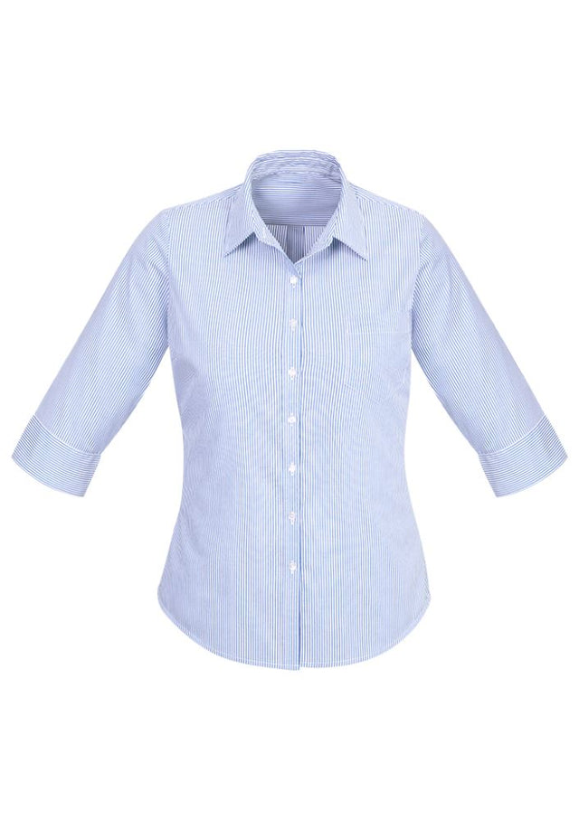 Blue Advatex Ladies Lindsey 3/4 Sleeve Shirt featuring a semi-fitted design, yarn-dyed stripes, and practical side splits.