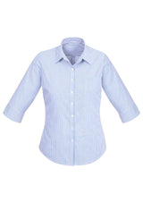 Blue Advatex Ladies Lindsey 3/4 Sleeve Shirt with open neck, yarn-dyed stripes, side splits, and front pocket for a chic look.