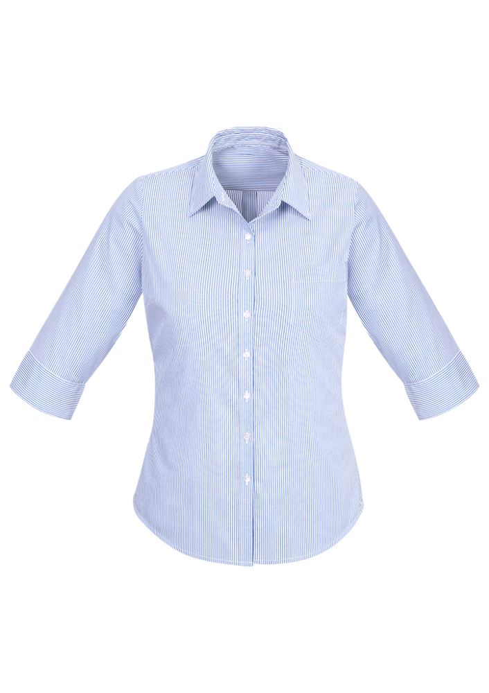 Advatex Ladies Lindsey 3/4 Sleeve Shirt in blue, featuring yarn-dyed stripes, open neck, and practical front pocket for stylish comfort.