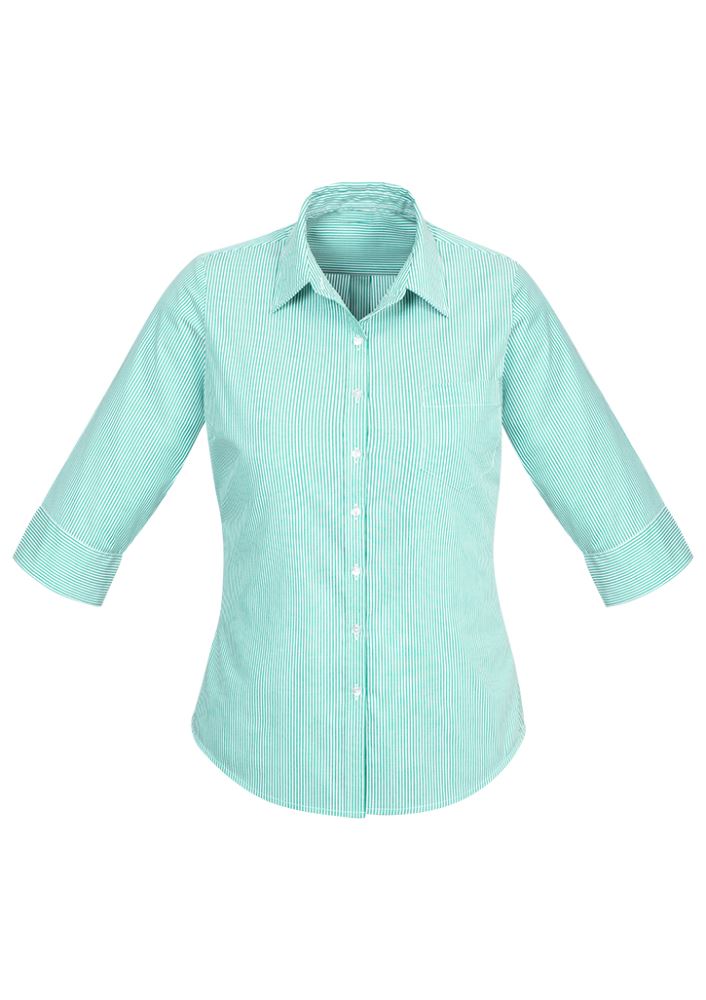 Advatex Ladies Lindsey 3/4 Sleeve Shirt in Dynasty Green, featuring yarn-dyed stripes, side splits, and a front pocket for style and comfort.