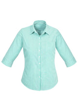 Advatex Ladies Lindsey 3/4 Sleeve Shirt in Dynasty Green, featuring yarn-dyed stripes, side splits, and a front pocket for stylish comfort.