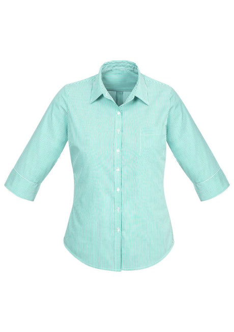 Advatex Ladies Lindsey 3/4 Sleeve Shirt in Dynasty Green, featuring yarn-dyed stripes, side splits, and a front pocket for stylish comfort.