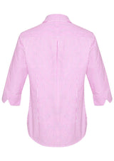 Advatex Ladies Lindsey 3/4 Sleeve Shirt in Melon features yarn-dyed stripes, side splits, and a front pocket for business casual style.