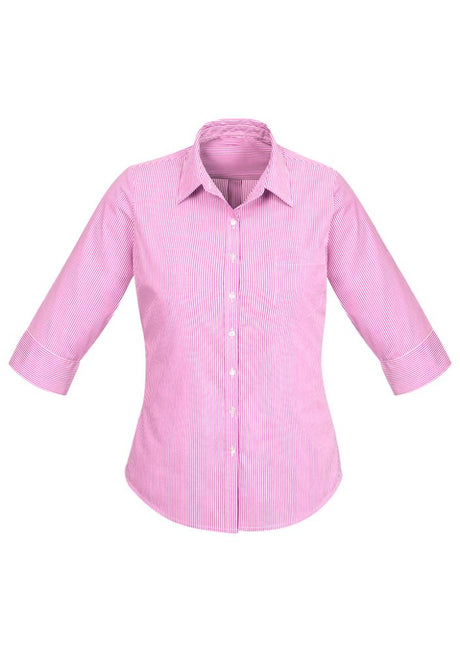 Advatex Ladies Lindsey 3/4 sleeve shirt in vibrant Melon, featuring stripes, side splits, and a front pocket for stylish comfort.