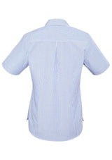 Advatex Ladies Lindsey Short Sleeve Shirt in blue, featuring yarn-dyed stripes, semi-fitted design, and a convenient front pocket.