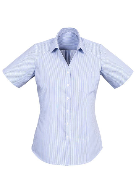 Advatex Ladies Lindsey Short Sleeve Shirt in blue featuring yarn-dyed stripes, side splits, and a front pocket for style and comfort.